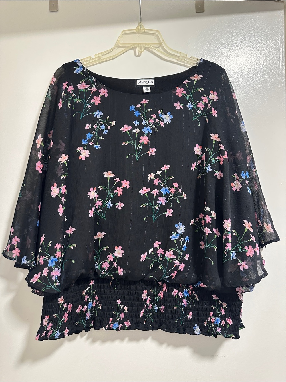Sam & Jess Black Floral Smocked-Band Blouse